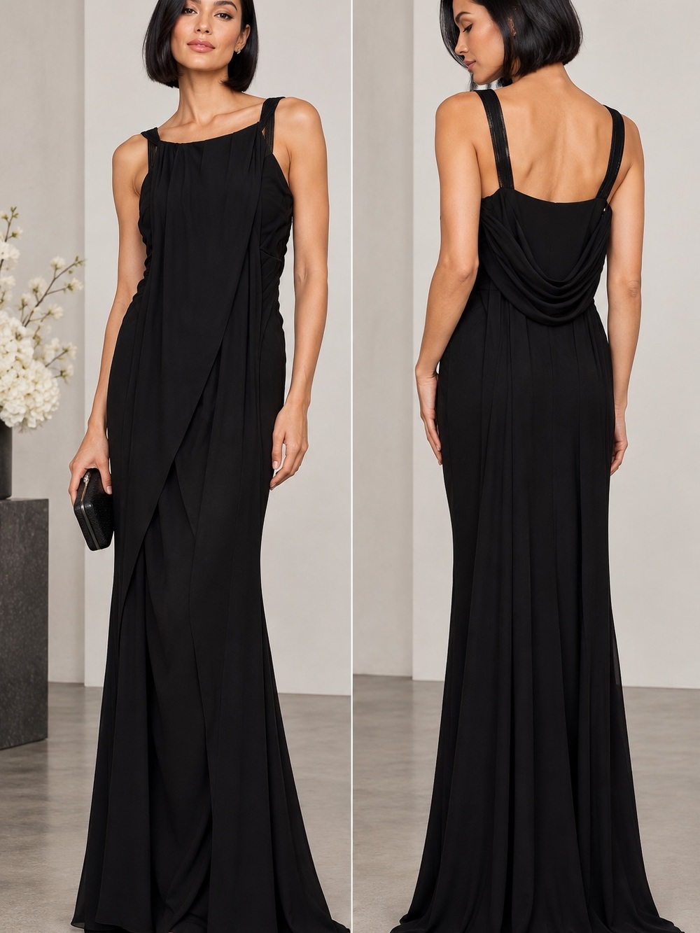 🖤MAKE OFFER🖤 Vera Wang Y2K Black Draped Cowl-Back Maxi Gown Dress Sz 8